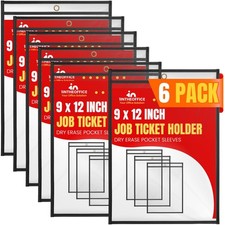 6 Pack Dry Erase Pocket Sleeves Clear Job Ticket Holders 9x12 Inch Reusable