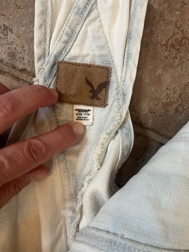 American Eagle XXS Tomgirl Shortall Distressed Light Blue Denim Overall Shorts - Picture 12 of 20