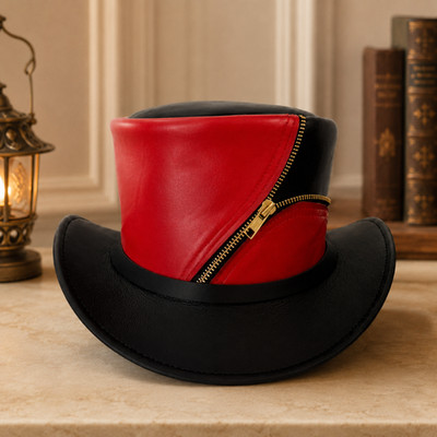 Handmade Black Red Leather Top Hat   Steampunk Gothic Mad Hatter Side Zipper...