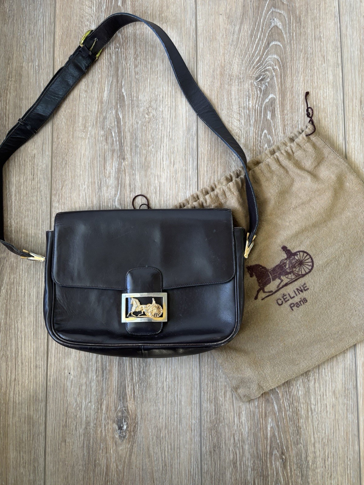 CELINE Horse Carriage Black Shoulder Bag Gold Buckle with Dust Bag