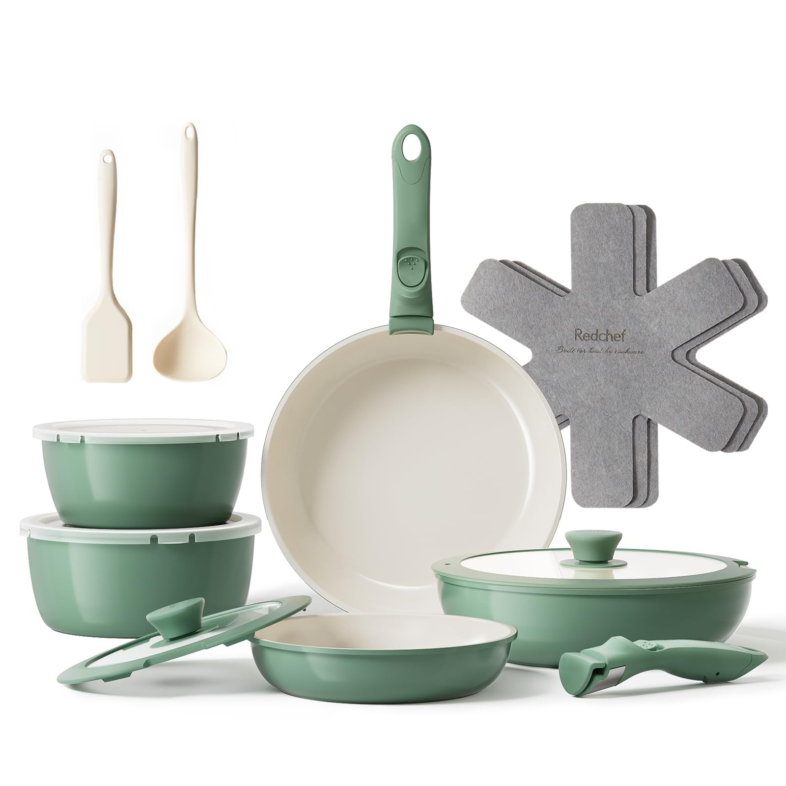 Ingenio Pastel, Set padelle, Antiaderente, Manico rimovibile, induzione gas, 11 pz, Salvia