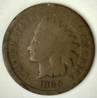 1869 Indian Head Bronze One Cent Penny Genuine US 1c Type Coin Good
