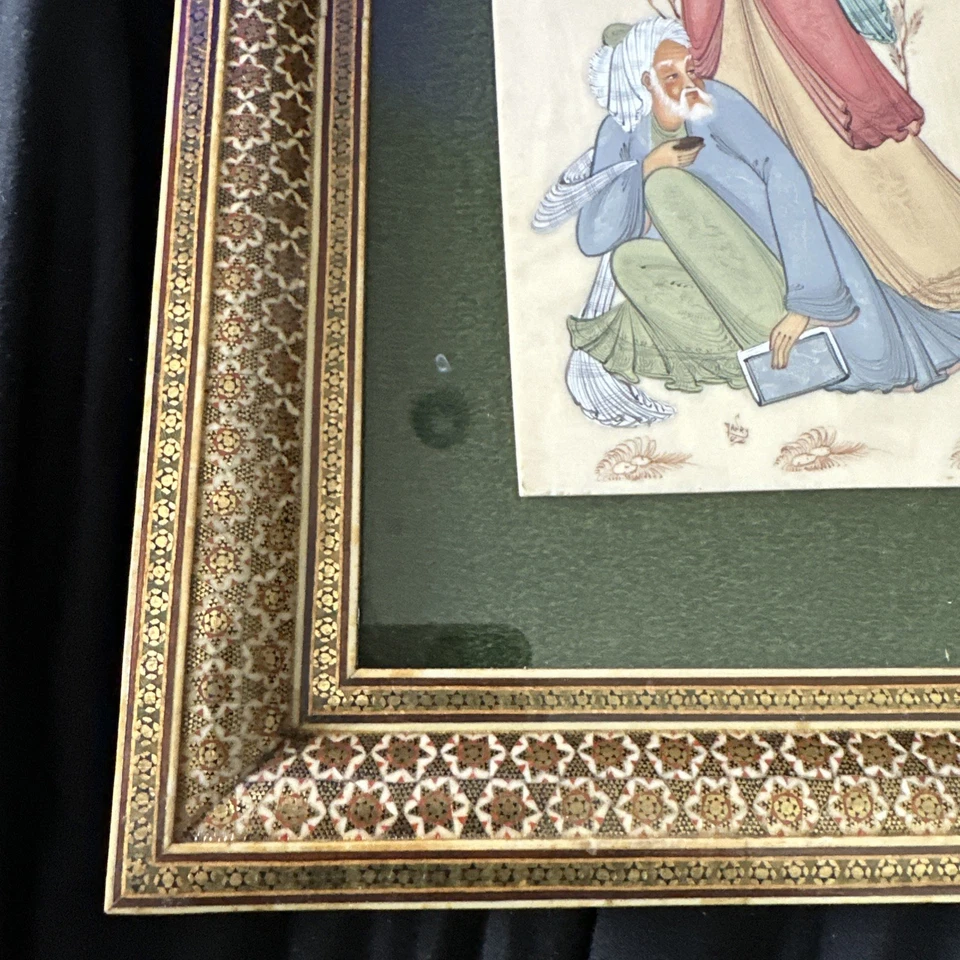 Miniatura de hueso jadeado a mano Khatam Isfahan persa rara 1980 vintage firmada Foto 3 de 4