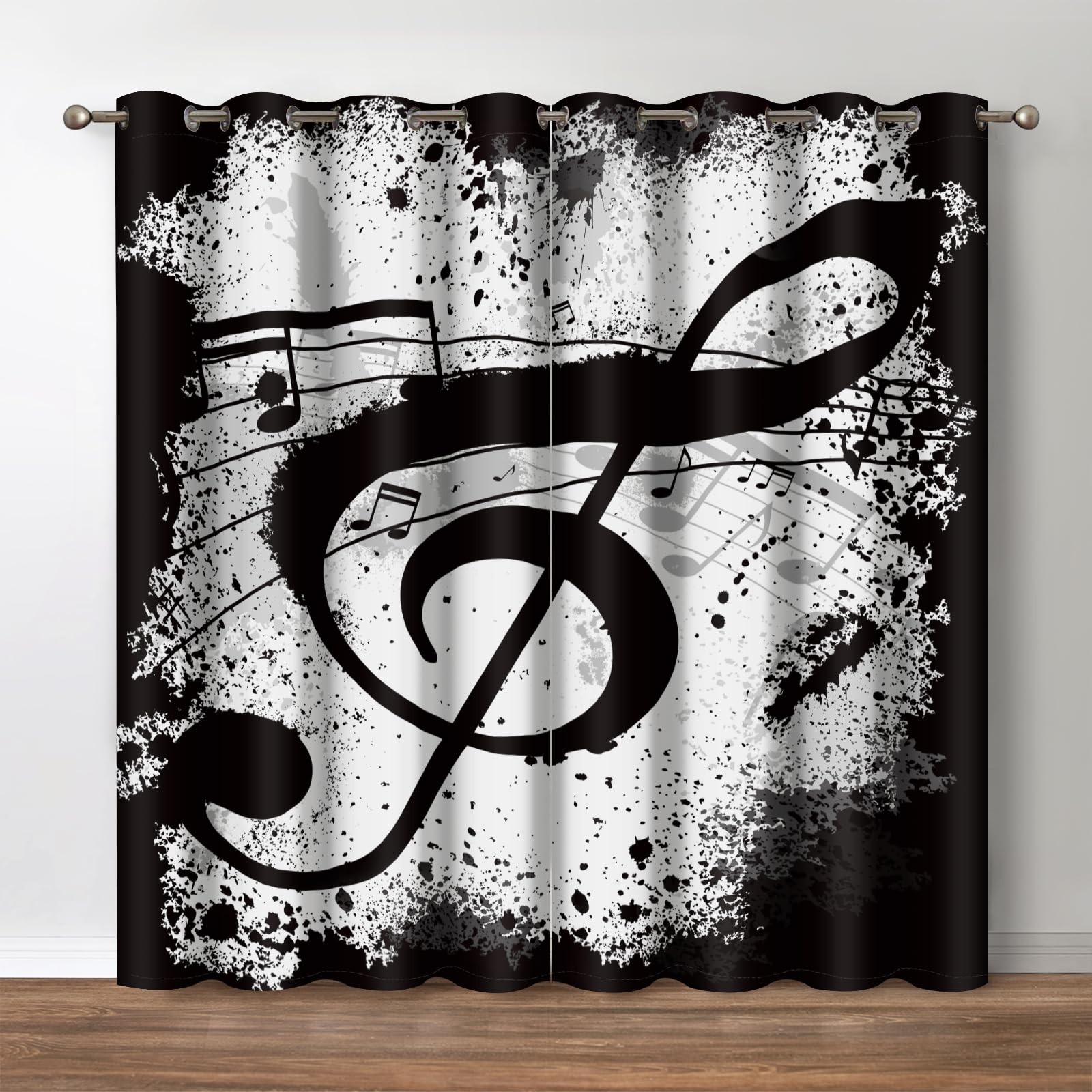 Music Note Blackout Curtains Rustic Black White Musical Notes Theme Print Dra...