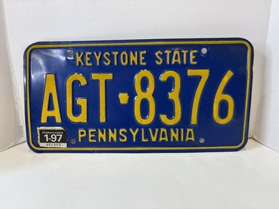 1997 Pennsylvania License Plate AGT-8376 Keystone State Slogan DK Blue W/ Yelw