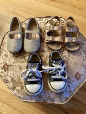 Lot of 3 Girls Shoes Sizes 6, 7, 9-9.5 Sandals, Gold Rhinestone Dress, Sneakers