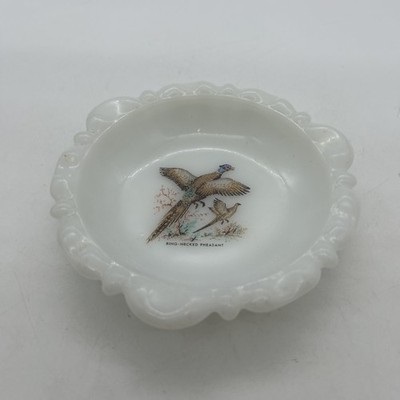 Vintage White Milk Glass Ashtray Game Bird Ring Necked Pheasant Anchor Hocking