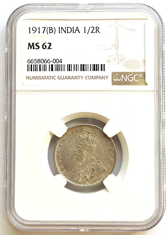 1917(B)  India  1/2 Rupee , NGC MS 62 , nice  silver coin         #2221, # 75-12