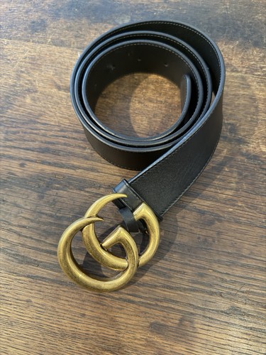 Gucci GG Marmont Leather Belt Black/Gold, 42” Long ZF