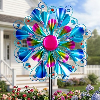 60'' Wind Spinner with Color Glass Solar Lights, Blue Peacock Feathers Metal ...