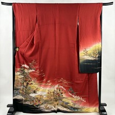 JAPANESE KIMONO FURISODE RED 170.5cm 5 ft 7 in PURE SILK FF8517