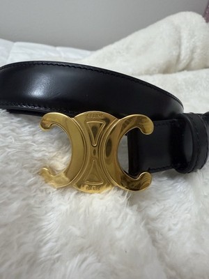 CELINE ブラックベルト ゴールドバックル CELINE Women's Black Fashion Belt Gold-Plated Buckle Logo Accent