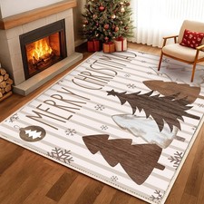 Christmas Area Rug 5 x 7 ft Brown Xmas Tree Merry Christmas Area Washable Rug...