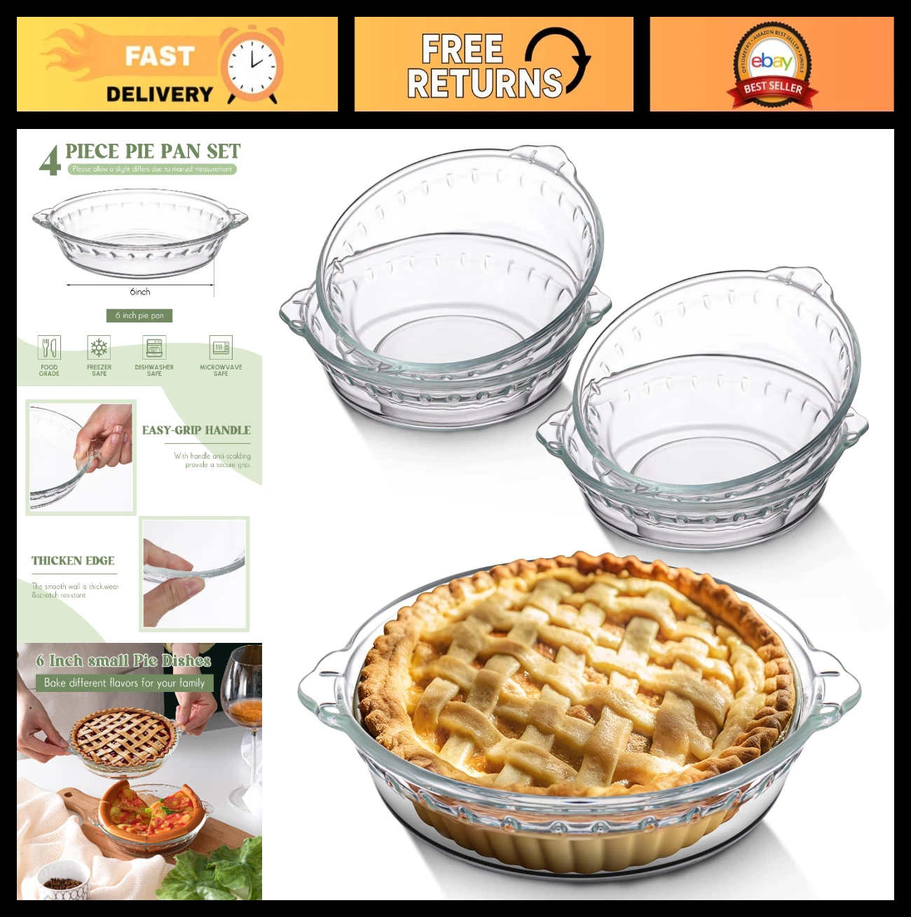 4 Pack Mini Glass Pie Pans 6" - Clear Round Baking Dishes with Handles for Desse