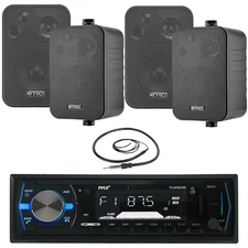 Pyle AM FM USB Black Marine Receiver, Antenna, Enrock 30W 4" Black Box Speakers