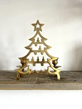 Vintage Brass Christmas Tree Double Candle Holder Holiday 9 " Tall