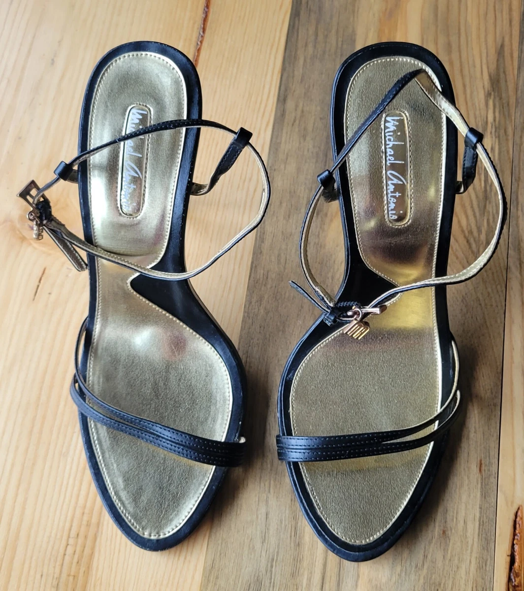 Vintage Michael Antonio Strappy 90s Gold Black Heels