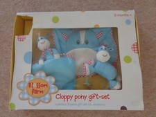 elc blossom farm cloppy pony gift set baby comforter bead rattle & bib