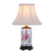 Floral Rose Motif Cylindrical Porcelain Vase Table Lamp 15"
