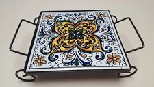 COLLECTIBLE 6 INCH SQUARE FLORAL CERAMIC HOT PLATE TRIVET WITH BLACK METAL STAND