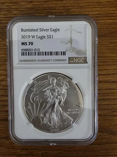 MS70 2019 W BURNISHED SILVER EAGLE NGC CLASSIC BROWN LABEL