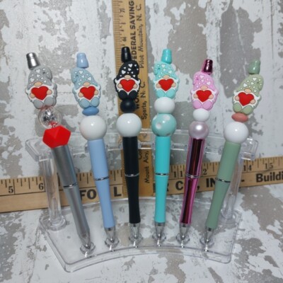 6 - Custome Valentine Gnome Heart Beaded Ink Pens - Free Refills - Black Ink