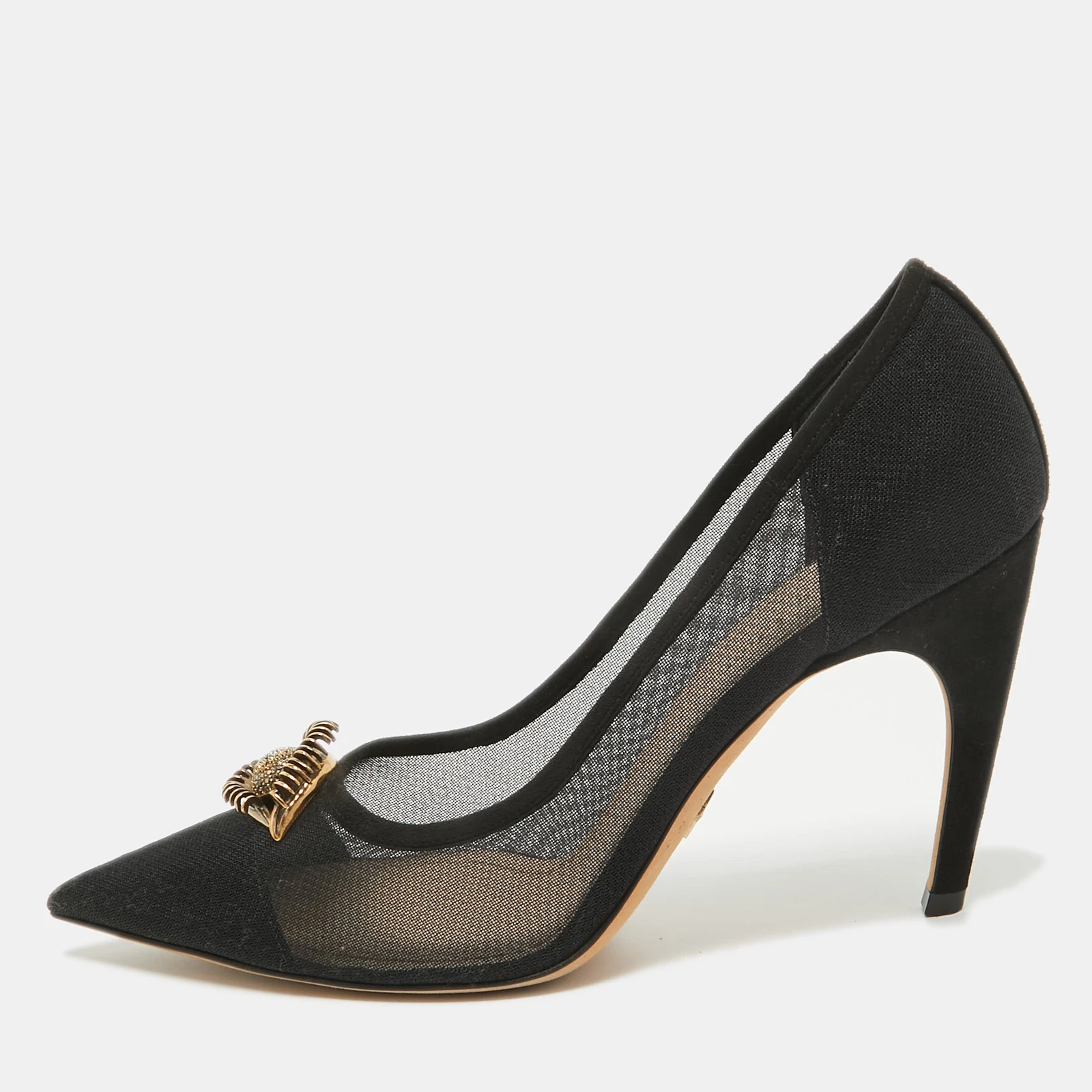 Escarpins orteil pointu détail surréaliste en maille noire et daim taille 41