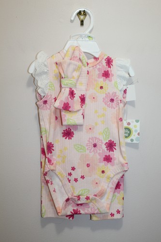 LITTLE ME BABY GIRLS OUTFIT 3PCS BODYSUIT PANTS & HEADBAND FLORAL PINK SIZE 3M - 第 1/3 張圖片