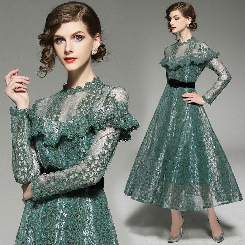 2018 spring women's fashion temperament Ruffles lace hollow out A-line Dress 2018 spring women's fashion temperament Ruffles lace hollow out A-line Dress