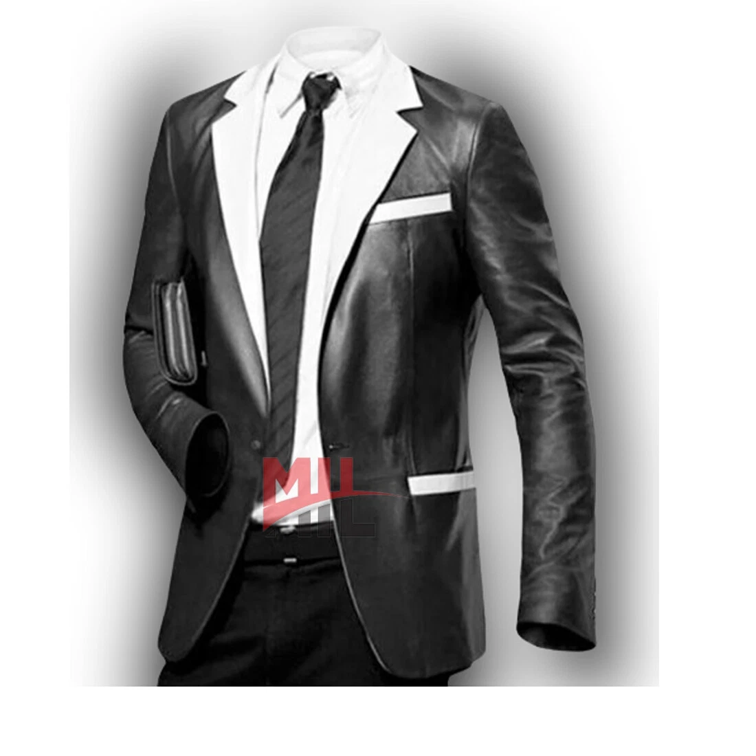 Handmade Men's Black With White Collar Formal Genuine Lambskin Leather Blazer