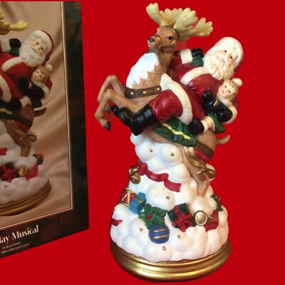 MUSICAL SANTA ON REINDEER FIGURINE HERE COMES SANTA CLAUS VINTAGE 1990'S 11''