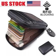 Leather Credit Card Holder RFID-Blocking Zipper Pocket Wallet with ID Window