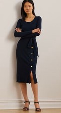 NWT Lauren Ralph Lauren Women's Navy Blue Parissa Belted Rib Knit Dress Size 4