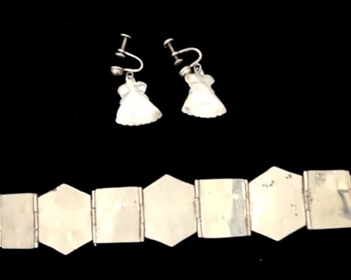 VTG MEXICO Green Onyx STERLING SILVER Mayan Mask BRACELET and EARRING SET - Picture 7 of 10