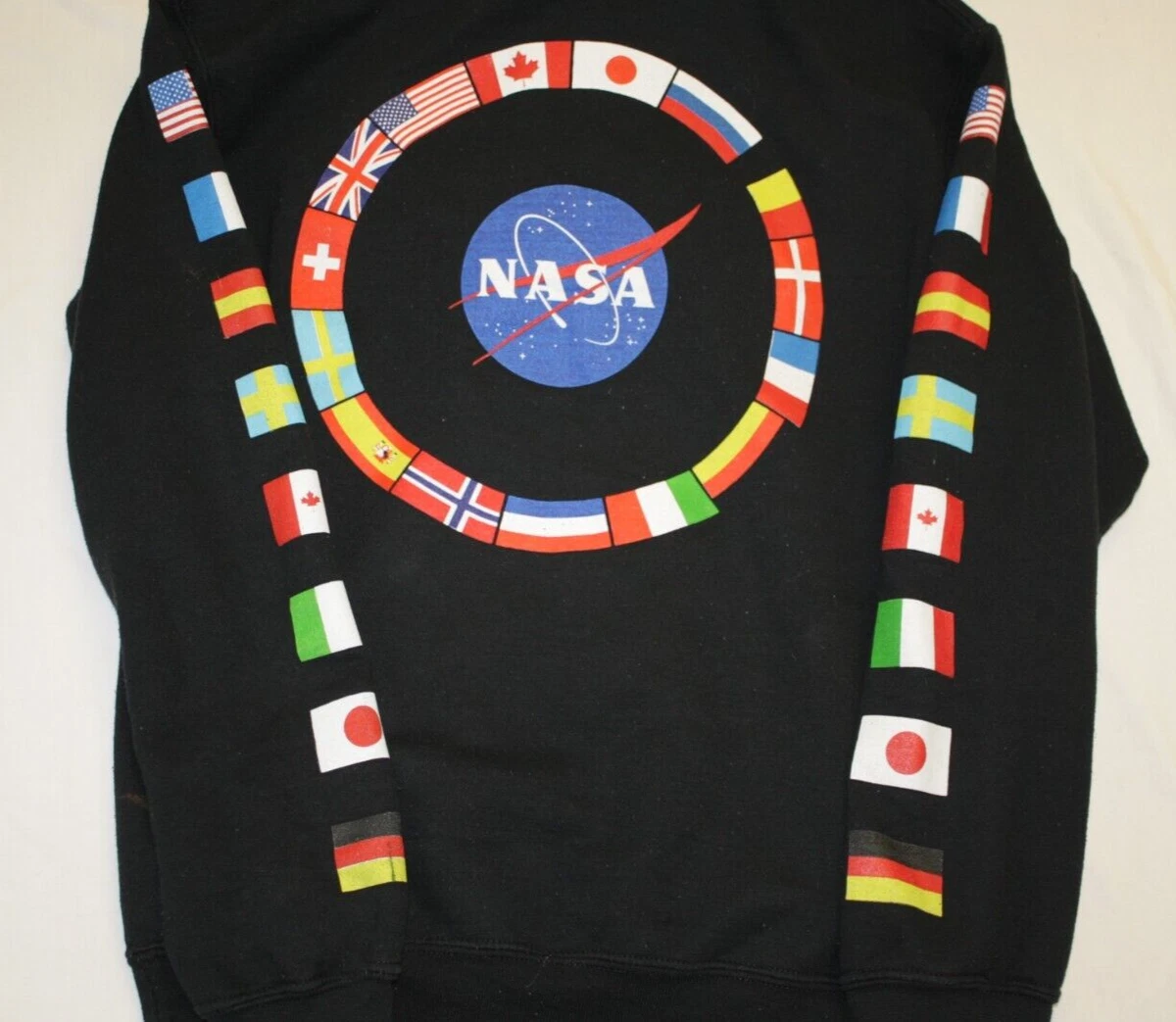 NASA International S Black Hoodie Sweatshirt Flags Sleeves Chemistry