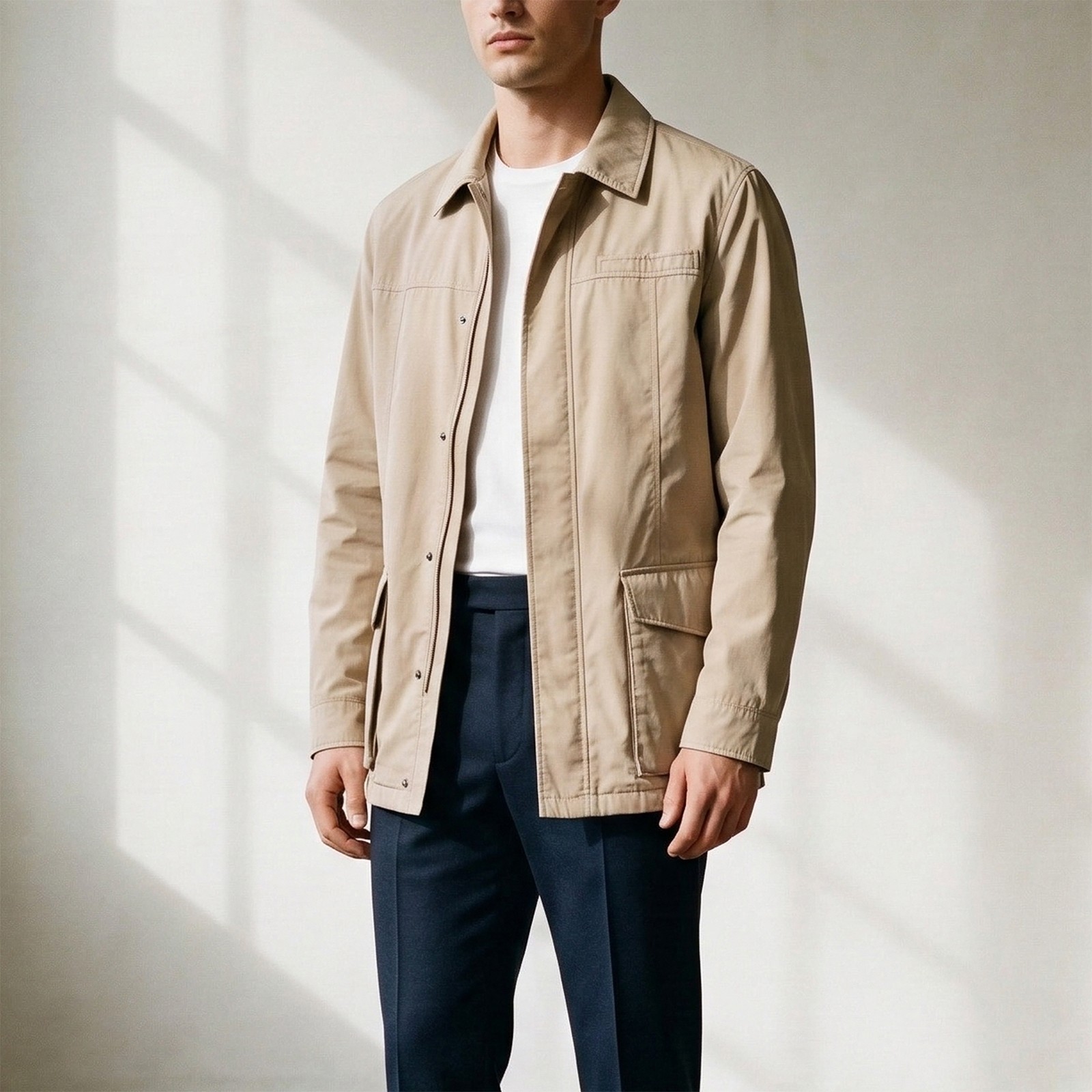 Prada Mens Jacket IT 50 M Beige Cotton Car Coat Zipped Short Trench Italy