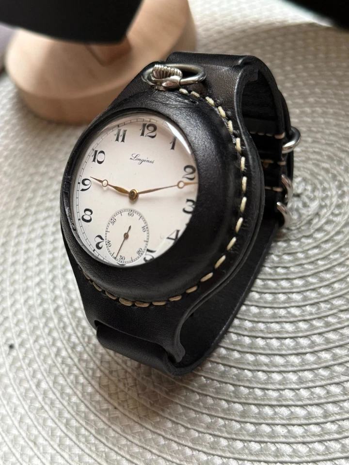 Antiguo Reloj de Bolsillo Longines Mecánico Suizo Efco Correa de Cuero Cara Abierta Raro Foto 2 de 4