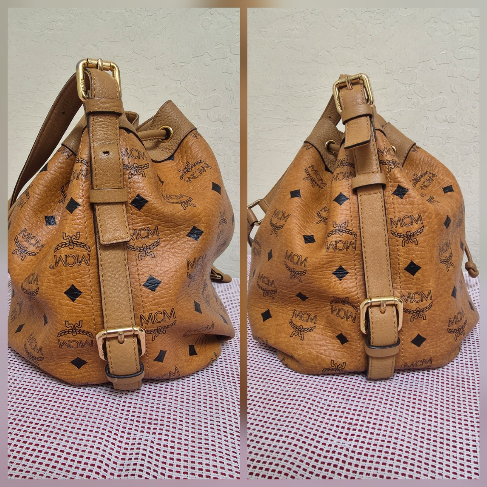 MCM Cognac Monogram Bucket Drawstring Medium Shoulder Bag AUTHENTIC — image 14