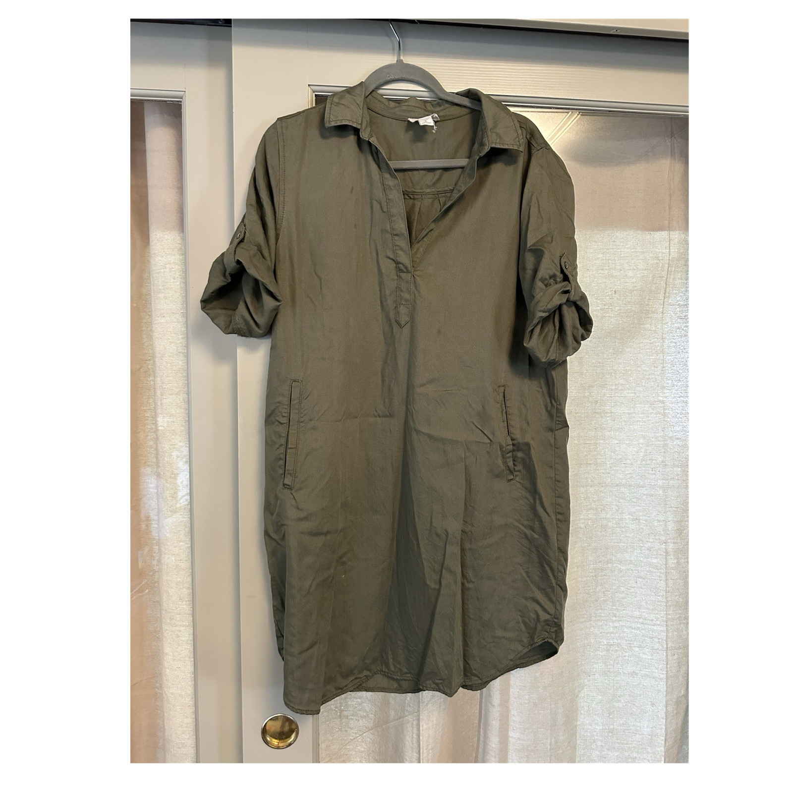 LOFT Olive Shirt Dress Collared Button Pockets Roll Tab Sleeve Knee Length L