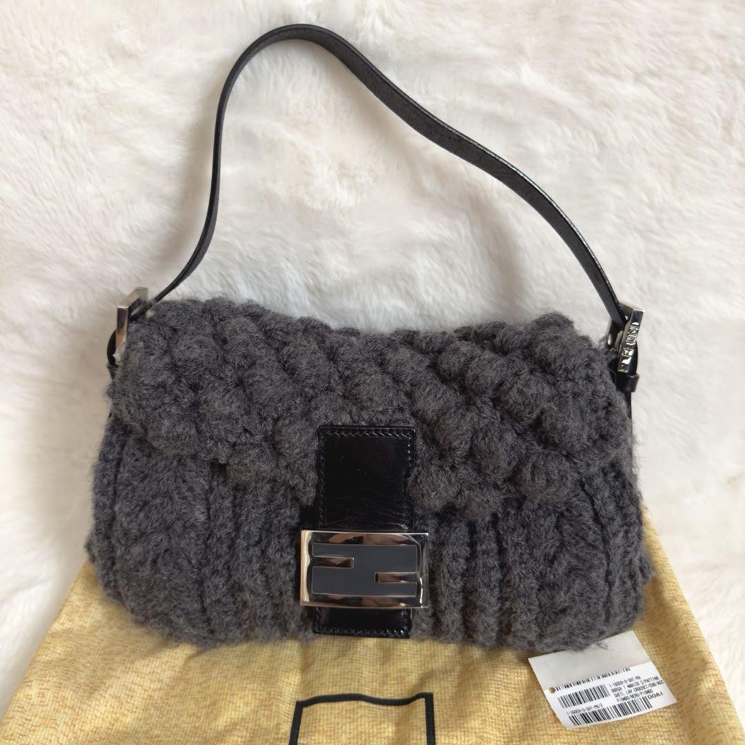 FENDI Mamma Baguette Gray Wool Black Leather Shoulder Bag with Dust Bag