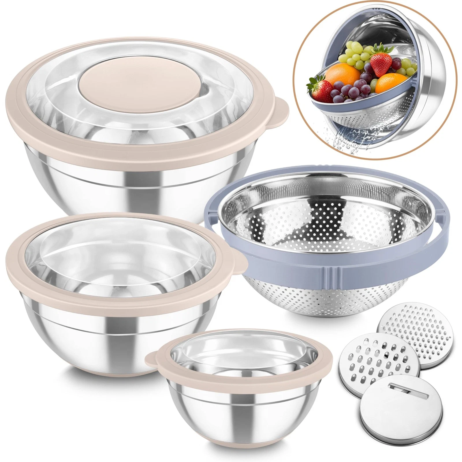 Mixing Bowls with Colander Set, Stainless Steel Strainer and Nesting Salad Bo...