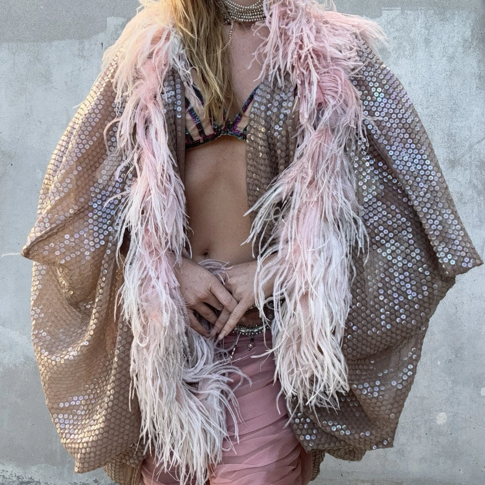 Vintage 1950s Pink Organza Sequin Cocoon Coat Feather Showgirl  Dress Jacket - Image 2 of 4