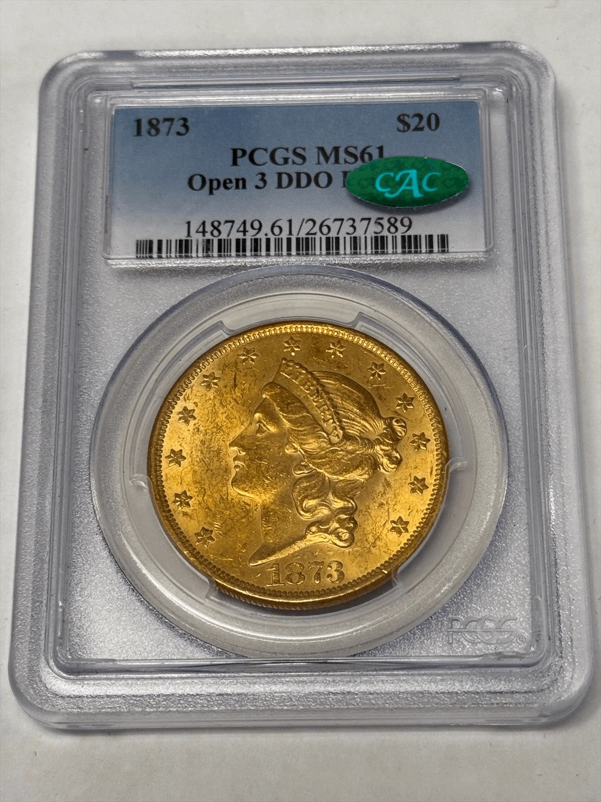 1873 $20 Gold Liberty Open 3 DDO FS 101 PCGS MS 61 CAC