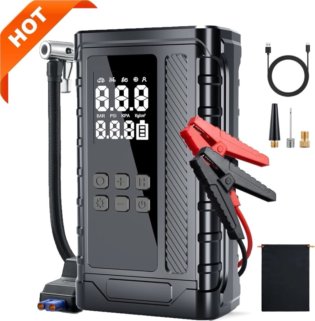 Car Jump Starter with Air Compressor, LED Flash Light, Mobile Charging Port