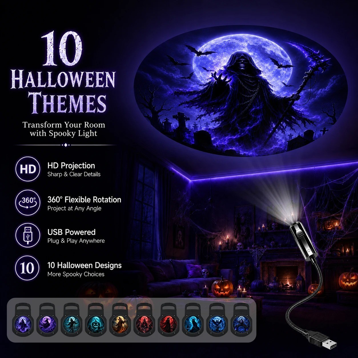 2026 Upgraded Halloween Projector, 10 Patterns Halloween themes 10