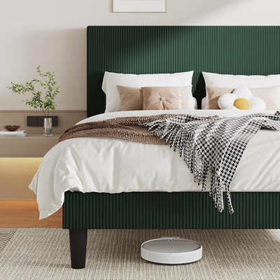 Elegant Dark Green Upholstered Bed Frame with Tufted Headboard, Easy Assembly
