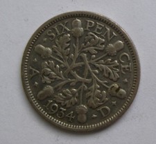 GB  1934 United Kingdom Sixpence Silver Coin, George V, Tanner