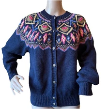 Vintage 90s Susan Bristol Cotton Blend Hand Knit Floral Cardigan M Navy Blue