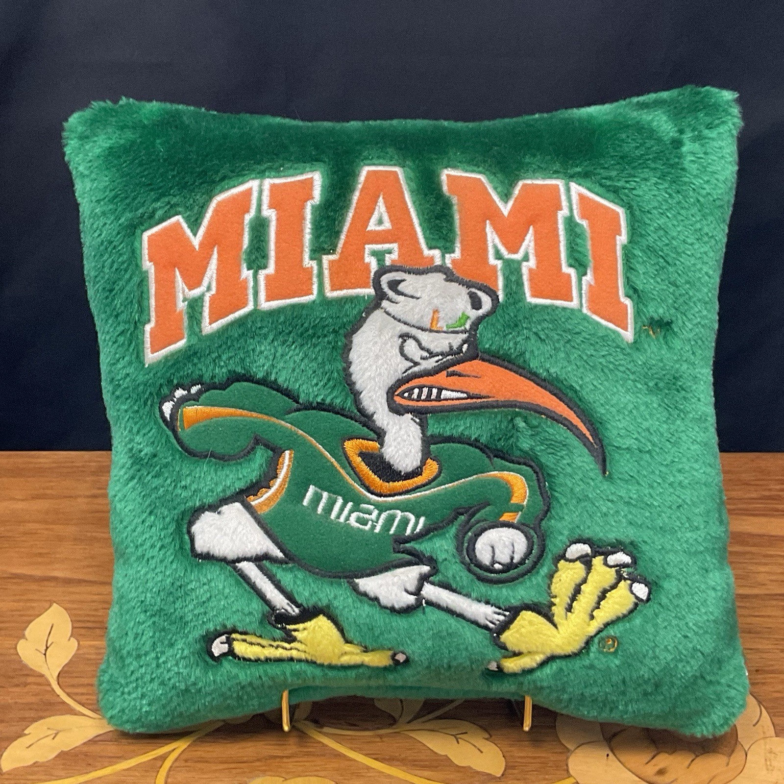Vintage University of Miami Hurricanes College Football Green Throw Pillow 10”