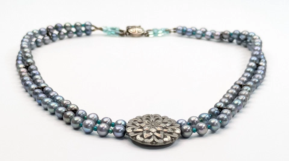 Handmade Blue Freshwater Pearl Pewter Flower Pendant Sterling Clasp Necklace 20" - Image 3 of 4